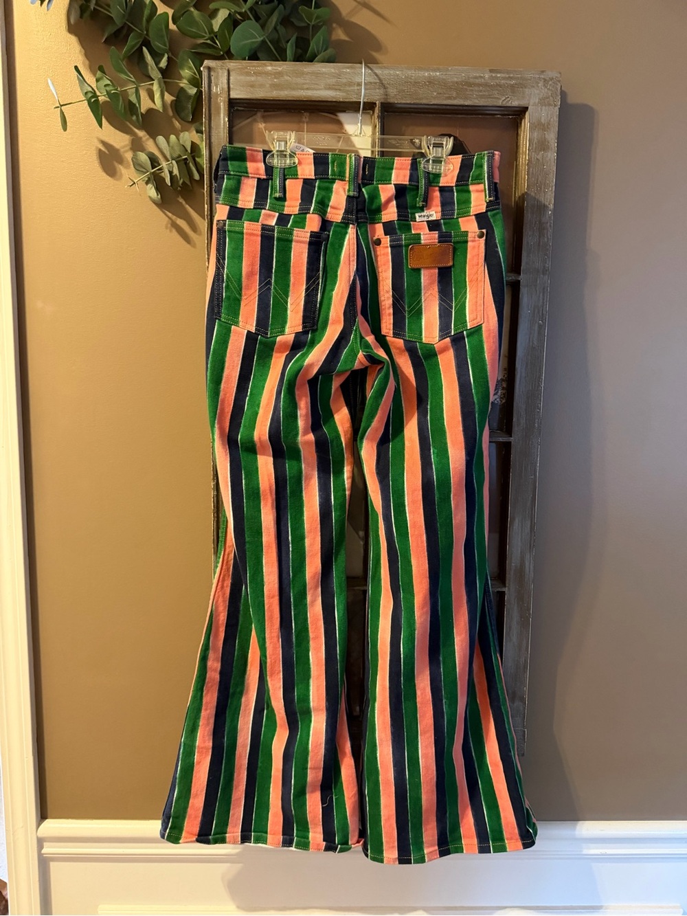 NWOT Wrangler Wanderer Mid Rise Flare Jeans 27x32 Pink Green Stripe Boho - Picture 2 of 6